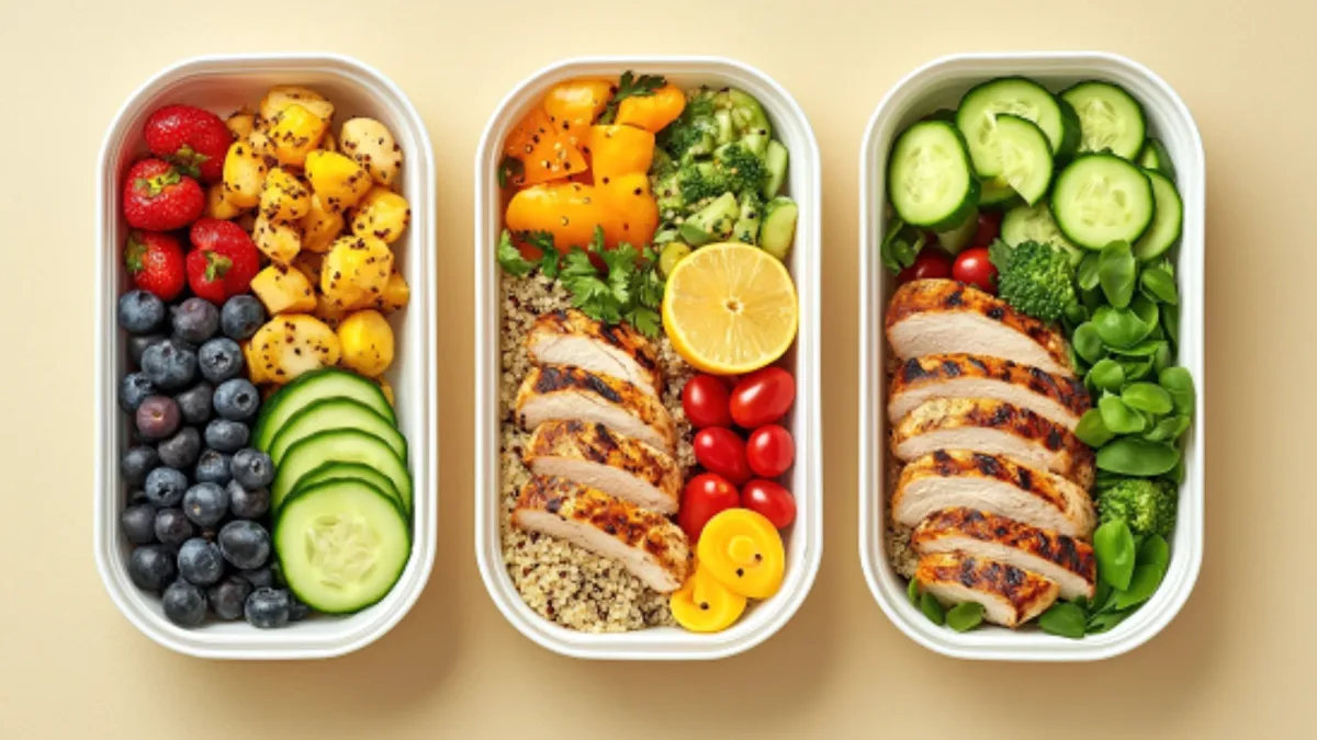 Three meal prep containers filled with sliced grilled chicken, vegetables, fruit, and quinoa